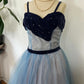 Blaues süßes zartes Perlen-Spaghettiträger-langes Tüll-Ballkleid Abendkleid Partykleid Homecoming-Kleid gh3488