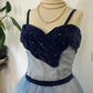 Blaues süßes zartes Perlen-Spaghettiträger-langes Tüll-Ballkleid Abendkleid Partykleid Homecoming-Kleid gh3488