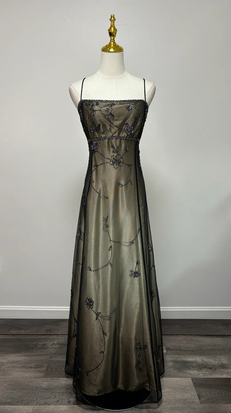 Superbe robe de soirée longue en satin et tulle perlé style vintage ombré gh3429