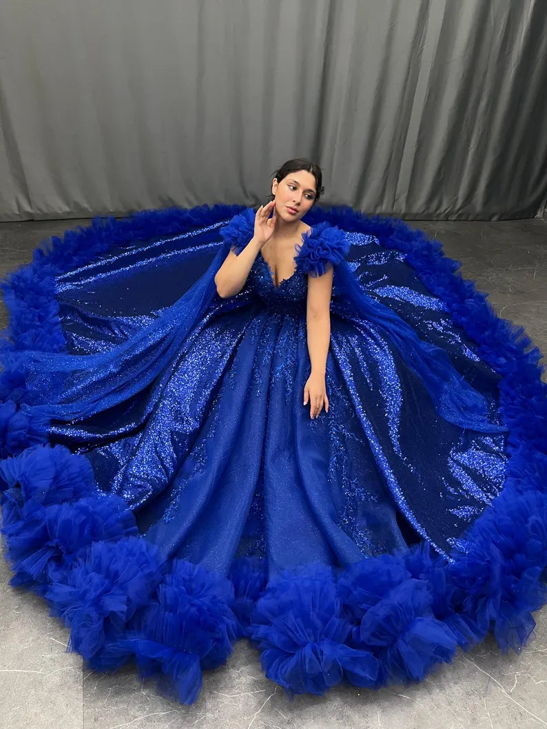 Blaues wunderschönes, exquisites, langes, elegantes Tüll-Ballkleid-Abendkleid gh3582