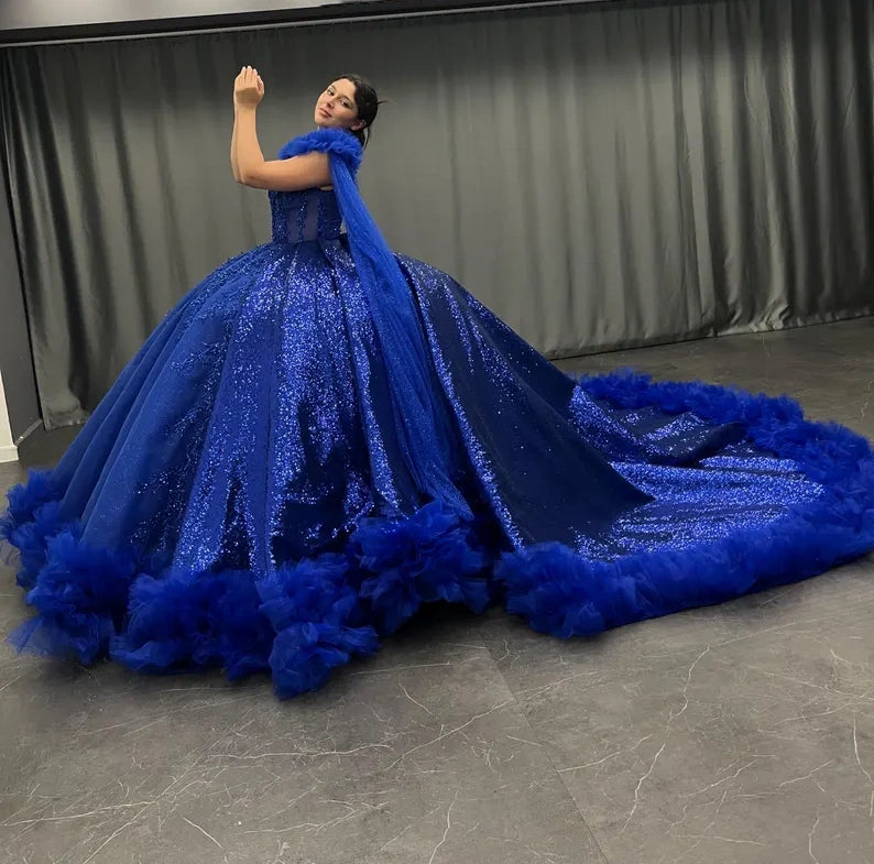 Blaues wunderschönes, exquisites, langes, elegantes Tüll-Ballkleid-Abendkleid gh3582