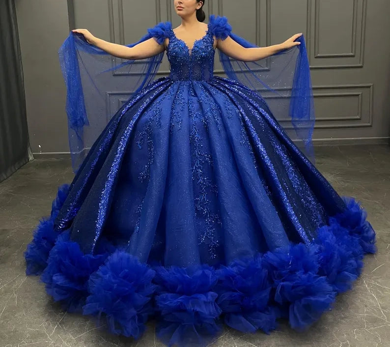 Blaues wunderschönes, exquisites, langes, elegantes Tüll-Ballkleid-Abendkleid gh3582