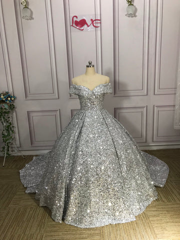 Silber Wunderschöne Glänzende Off-shoulder Pailletten Lange Prinzessin Bodenlangen Ballkleid Abendkleid Brautkleid gh3445