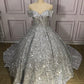 Silber Wunderschöne Glänzende Off-shoulder Pailletten Lange Prinzessin Bodenlangen Ballkleid Abendkleid Brautkleid gh3445