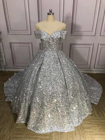 Silber Wunderschöne Glänzende Off-shoulder Pailletten Lange Prinzessin Bodenlangen Ballkleid Abendkleid Brautkleid gh3445