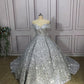 Silber Wunderschöne Glänzende Off-shoulder Pailletten Lange Prinzessin Bodenlangen Ballkleid Abendkleid Brautkleid gh3445