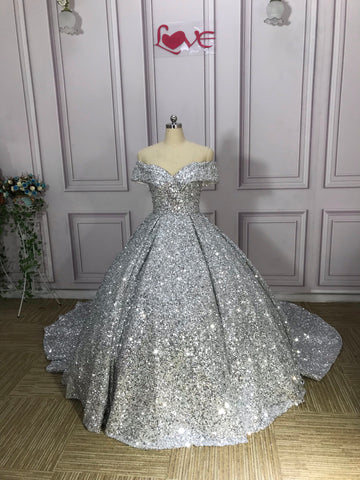 Silber Wunderschöne Glänzende Off-shoulder Pailletten Lange Prinzessin Bodenlangen Ballkleid Abendkleid Brautkleid gh3445