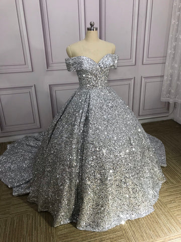 Silber Wunderschöne Glänzende Off-shoulder Pailletten Lange Prinzessin Bodenlangen Ballkleid Abendkleid Brautkleid gh3445