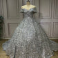 Silber Wunderschöne Glänzende Off-shoulder Pailletten Lange Prinzessin Bodenlangen Ballkleid Abendkleid Brautkleid gh3445