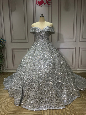 Silber Wunderschöne Glänzende Off-shoulder Pailletten Lange Prinzessin Bodenlangen Ballkleid Abendkleid Brautkleid gh3445