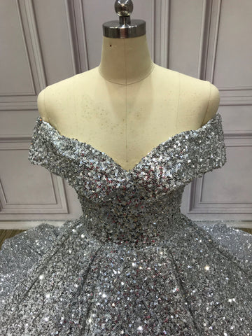 Silber Wunderschöne Glänzende Off-shoulder Pailletten Lange Prinzessin Bodenlangen Ballkleid Abendkleid Brautkleid gh3445