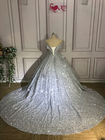 Silber Wunderschöne Glänzende Off-shoulder Pailletten Lange Prinzessin Bodenlangen Ballkleid Abendkleid Brautkleid gh3445