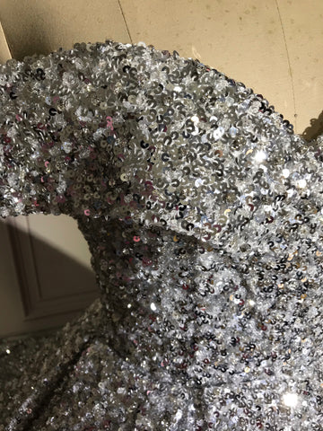 Silber Wunderschöne Glänzende Off-shoulder Pailletten Lange Prinzessin Bodenlangen Ballkleid Abendkleid Brautkleid gh3445
