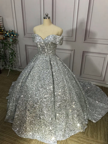 Silber Wunderschöne Glänzende Off-shoulder Pailletten Lange Prinzessin Bodenlangen Ballkleid Abendkleid Brautkleid gh3445