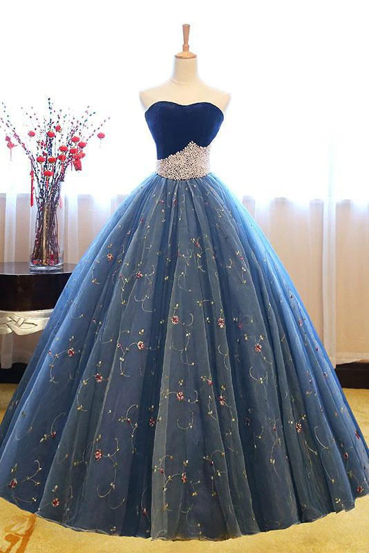 Blaues glänzendes süßes, niedliches, charmantes, exquisites Blumentüll-A-Linien-Abendkleid mit langem Abendkleid für 16-jährige Erwachsene, Zeremoniekleid gh3554
