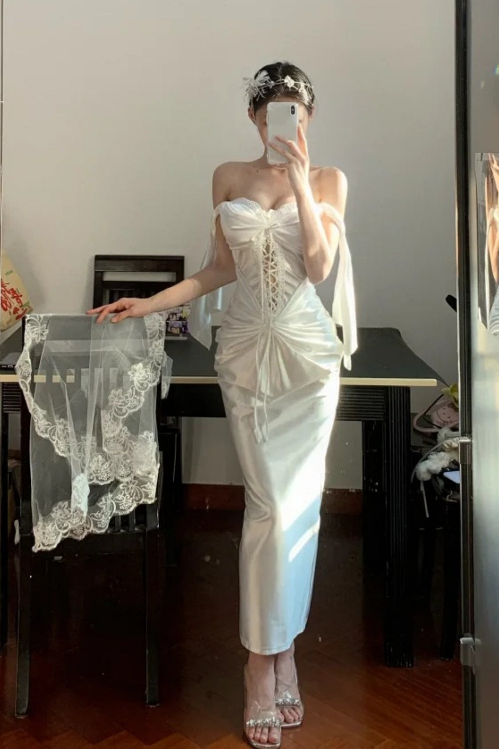 Weißes, elegantes, langes, weißes Fischgrätenkleid, Ballkleid, Abschlusskleid, formelles Kleid gh6630
