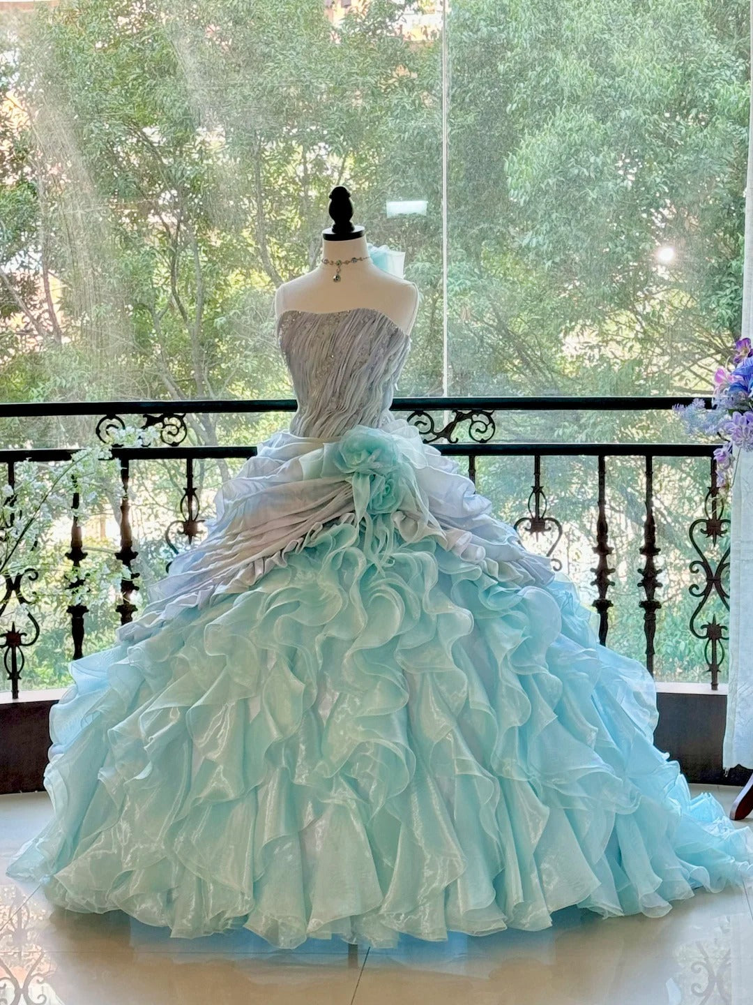 Girlhomeshops - Blaues, wunderschönes, elegantes, glänzendes, langes Quinceanera-Kleid aus Tüll, Ballkleid, Abschlusskleid, gh5002