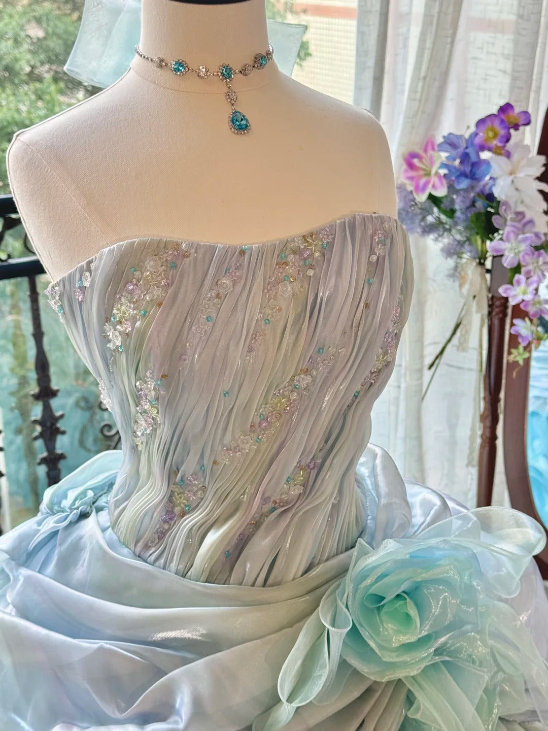Girlhomeshops - Blaues, wunderschönes, elegantes, glänzendes, langes Quinceanera-Kleid aus Tüll, Ballkleid, Abschlusskleid, gh5002