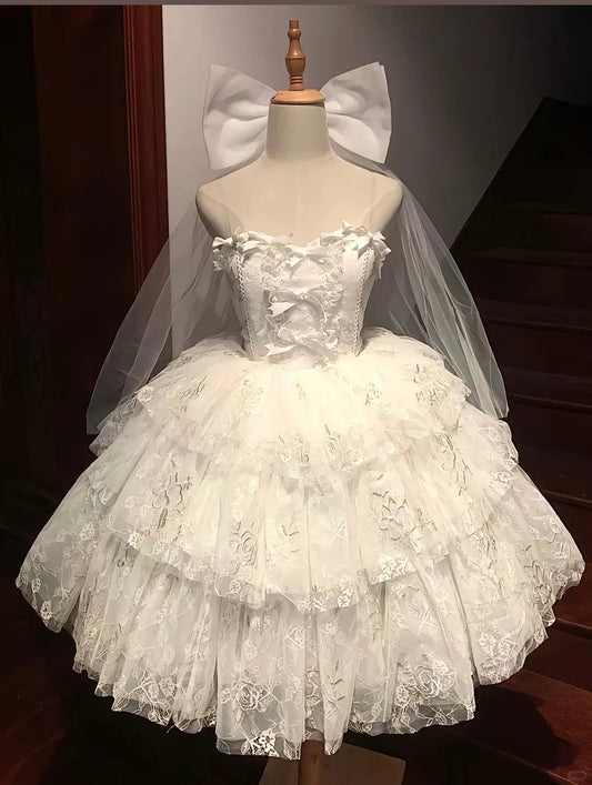 Süßes weißes Lolita-Kuchenrock-Ballkleid mit Spitze und kurzem Tüllrock, Heimkehrkleid, gh4382