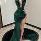 Green gorgeous shiny elegant long side slit sexy velvet mermaid floor length ball gown prom dress evening gown with train gh2337