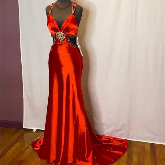 Robe de soirée longue en satin rouge magnifique et brillante, exquise, dos nu, longue et élégante, avec traîne au sol, gh3545