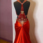 Red gorgeous shiny fashion exquisite beaded backless long elegant satin floor-length train prom dress evening dress gh3545