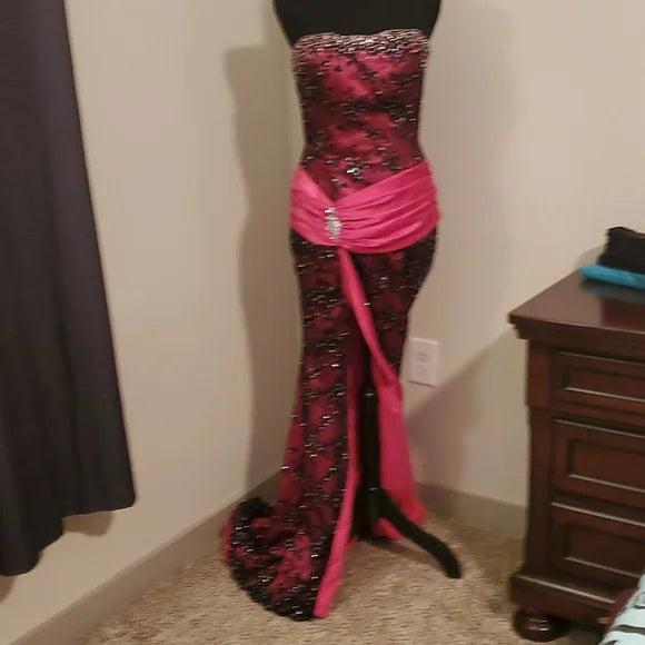 Robe de soirée en satin rose magnifique et élégante, style rétro, longue et longue, avec perles, traînante, princesse, gh3447