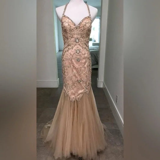 Champagnerrosa/Gold, wunderschönes, exquisites, trägerloses, elegantes, langes Meerjungfrauen-Abendkleid mit Fischschwanz und Perlenbesatz, schmale Passform, Ballkleid, Partykleid, gh3246
