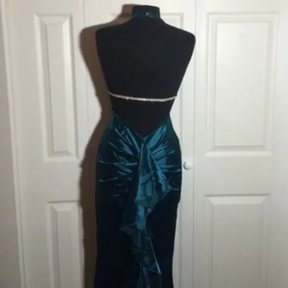 Blaues Vintage-Mode-elegantes langes Satin-Abschlussballkleid mit Hosenträgern, Abendkleid, Partykleid gh3467