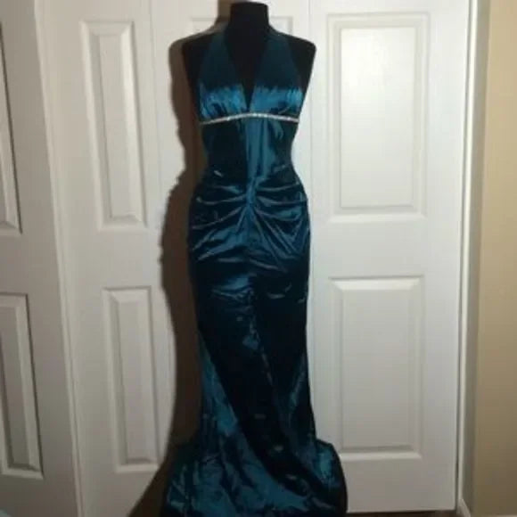 Blaues Vintage-Mode-elegantes langes Satin-Abschlussballkleid mit Hosenträgern, Abendkleid, Partykleid gh3467