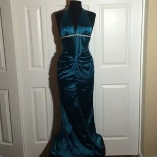 Blaues Vintage-Mode-elegantes langes Satin-Abschlussballkleid mit Hosenträgern, Abendkleid, Partykleid gh3467
