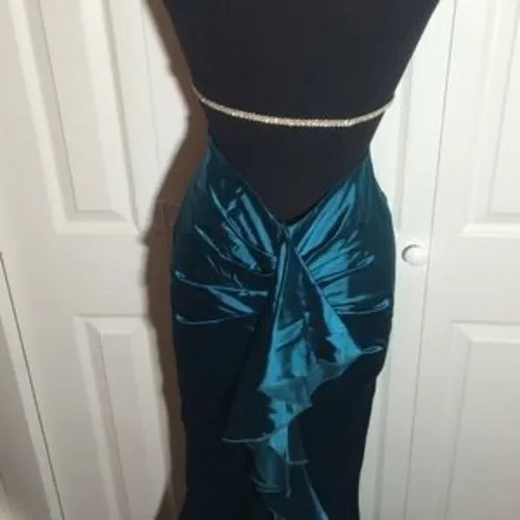 Blaues Vintage-Mode-elegantes langes Satin-Abschlussballkleid mit Hosenträgern, Abendkleid, Partykleid gh3467