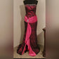 Robe de soirée en satin rose magnifique et élégante, style rétro, longue et longue, avec perles, traînante, princesse, gh3447