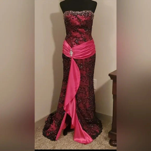 Robe de soirée en satin rose magnifique et élégante, style rétro, longue et longue, avec perles, traînante, princesse, gh3447