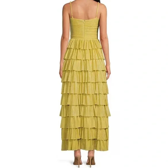 Robe de soirée longue en satin jaune élégante à bretelles spaghetti, robe de bal à plusieurs niveaux, robe de soirée formelle gh3655