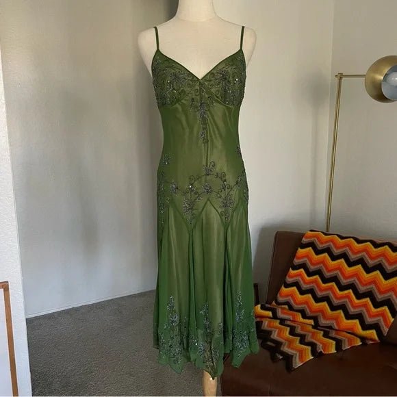 Robe longue en mousseline de soie, élégante et exquise, verte, vintage, brodée de fleurs, à bretelles, robe de soirée, robe de bal, gh3720