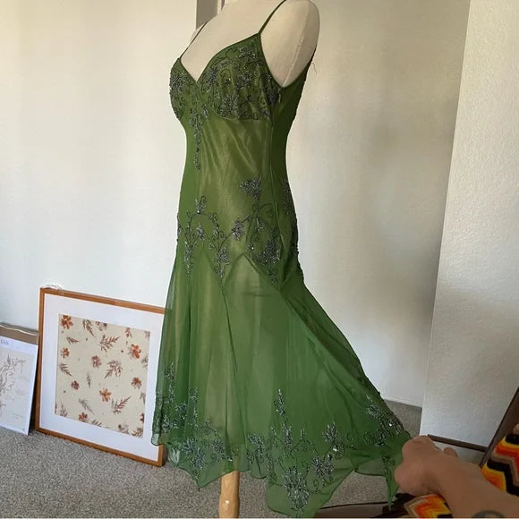 Robe longue en mousseline de soie, élégante et exquise, verte, vintage, brodée de fleurs, à bretelles, robe de soirée, robe de bal, gh3720
