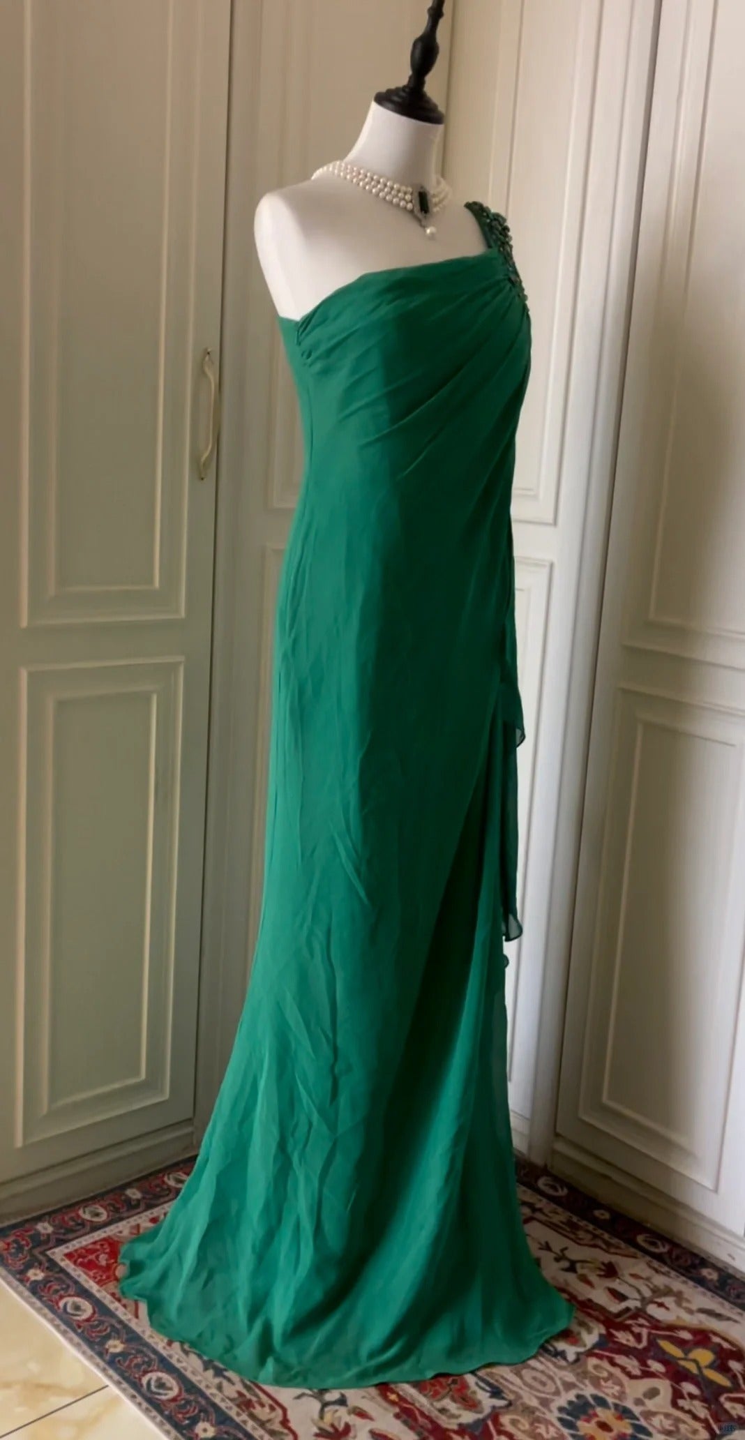 💚Grünes, perlenbesetztes Vintage-Kleid mit einer Schulter, stilvolles langes Chiffon-Kleid für Hochzeitsgäste, Ballkleid, Abendkleid, Gatsby-Beauty-Partykleid, gh4391