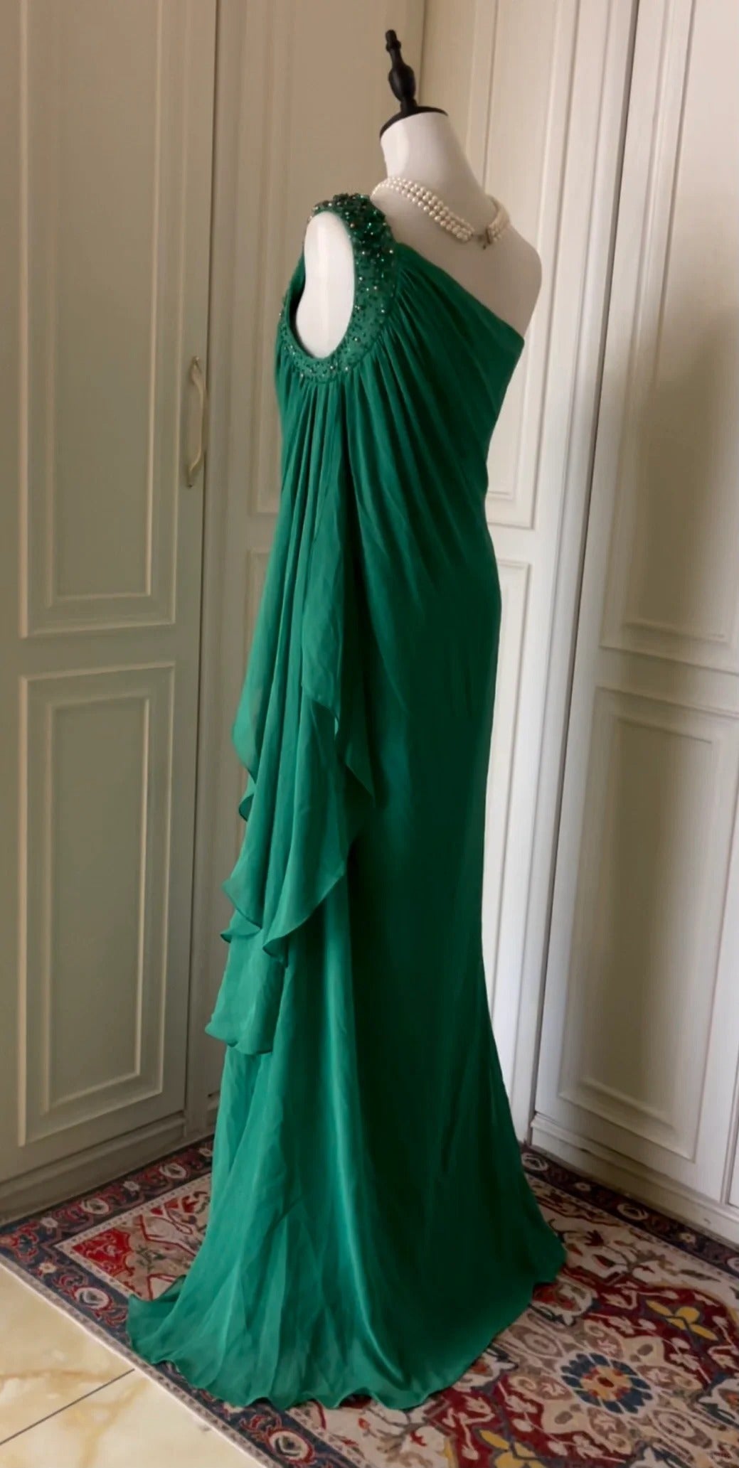 💚Grünes, perlenbesetztes Vintage-Kleid mit einer Schulter, stilvolles langes Chiffon-Kleid für Hochzeitsgäste, Ballkleid, Abendkleid, Gatsby-Beauty-Partykleid, gh4391