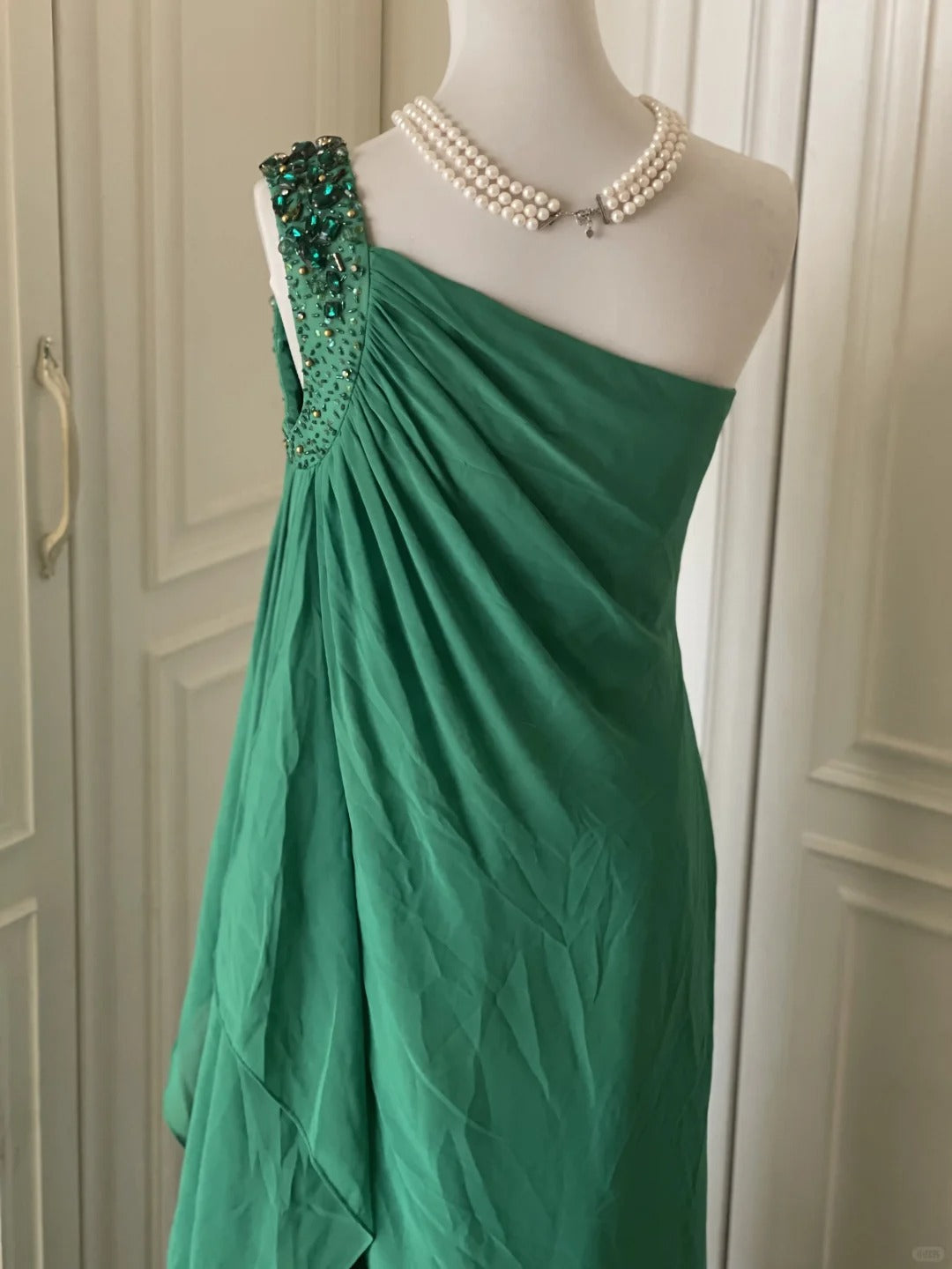 💚Grünes, perlenbesetztes Vintage-Kleid mit einer Schulter, stilvolles langes Chiffon-Kleid für Hochzeitsgäste, Ballkleid, Abendkleid, Gatsby-Beauty-Partykleid, gh4391