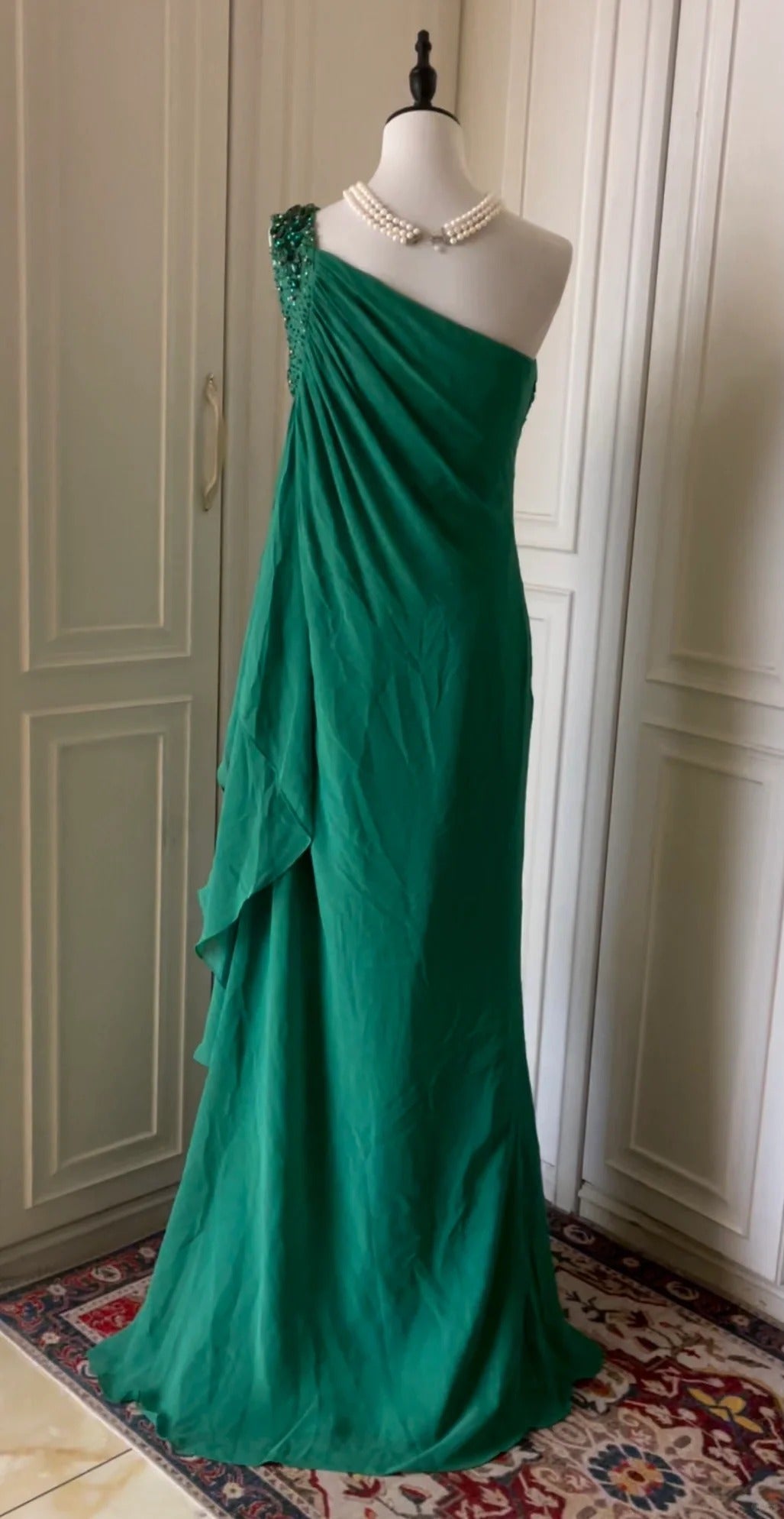 💚Grünes, perlenbesetztes Vintage-Kleid mit einer Schulter, stilvolles langes Chiffon-Kleid für Hochzeitsgäste, Ballkleid, Abendkleid, Gatsby-Beauty-Partykleid, gh4391
