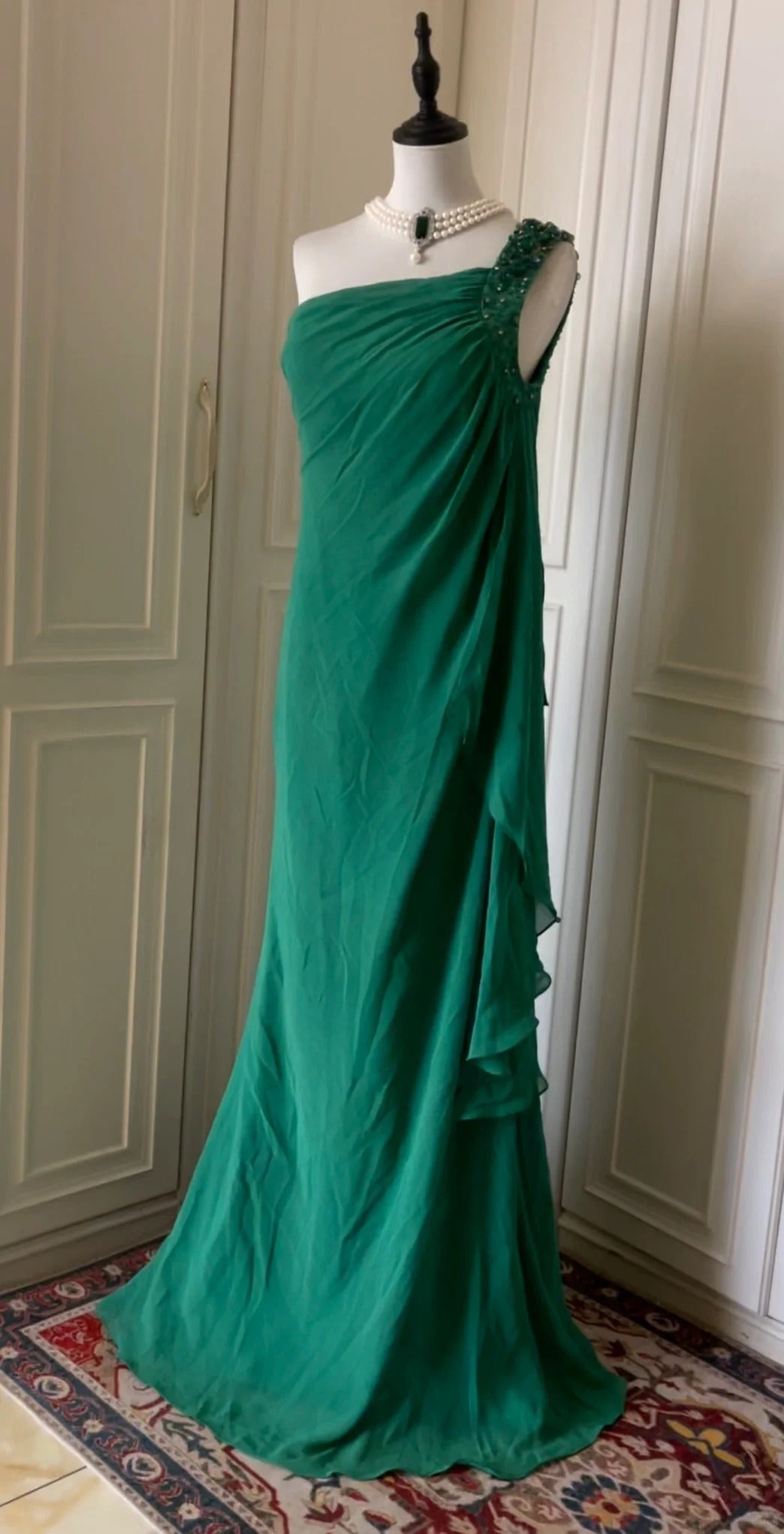 💚Grünes, perlenbesetztes Vintage-Kleid mit einer Schulter, stilvolles langes Chiffon-Kleid für Hochzeitsgäste, Ballkleid, Abendkleid, Gatsby-Beauty-Partykleid, gh4391