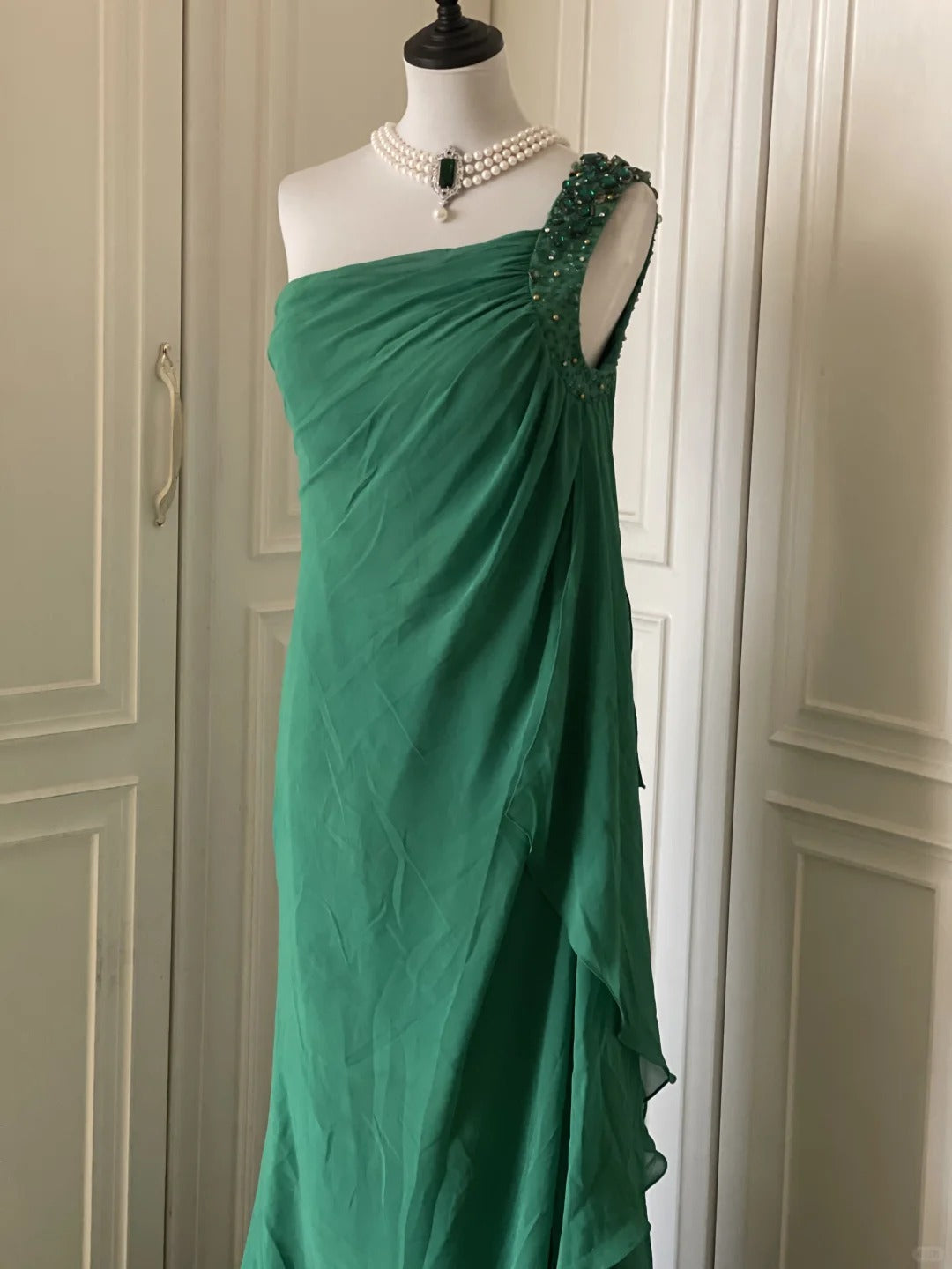 💚Grünes, perlenbesetztes Vintage-Kleid mit einer Schulter, stilvolles langes Chiffon-Kleid für Hochzeitsgäste, Ballkleid, Abendkleid, Gatsby-Beauty-Partykleid, gh4391