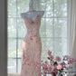 Robe de soirée longue en mousseline de soie rose à fleurs délicates, robe de soirée, robe d'anniversaire, robe de rendez-vous, gh4161