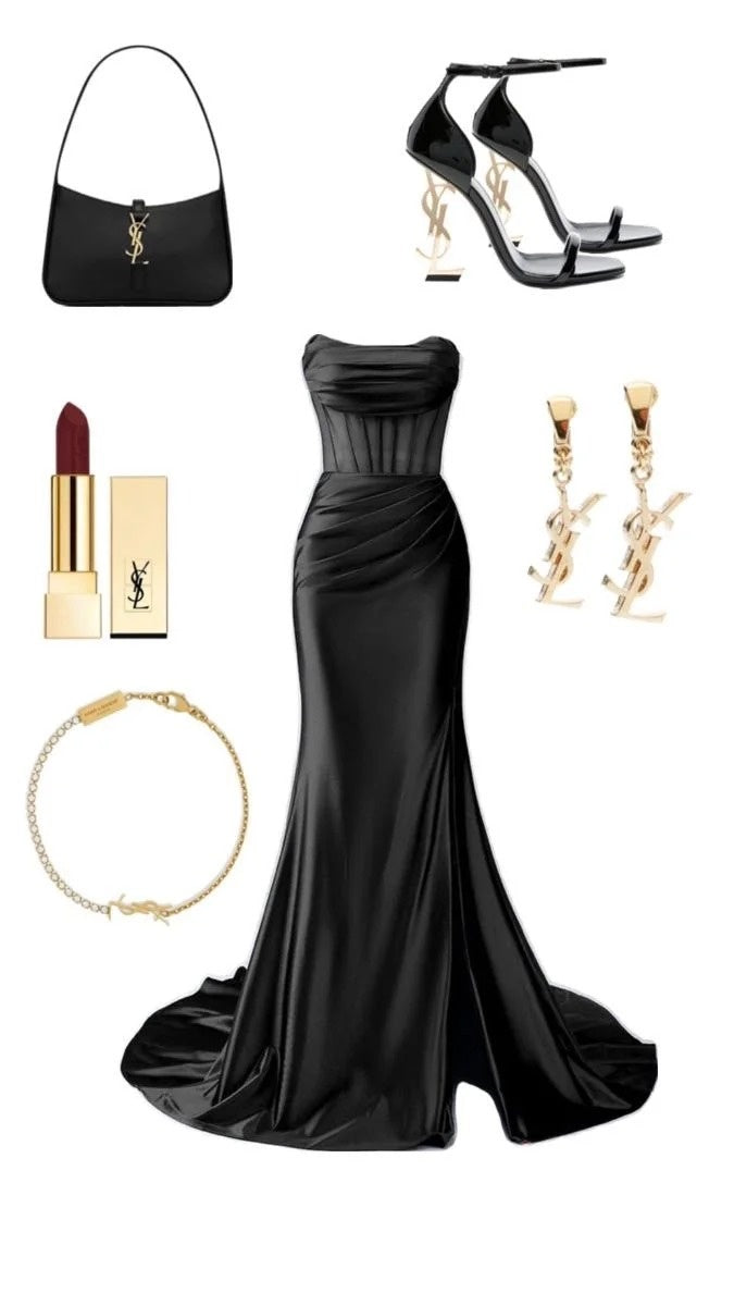 girlhomeshops--Black satin elegant long floor-length prom gh5733
