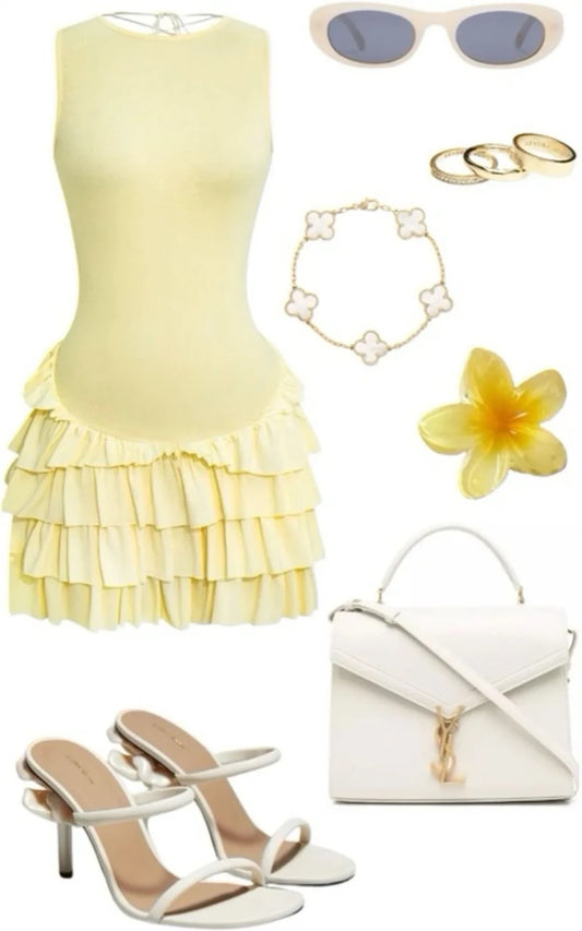 Girlhomeshops - Robe de soirée courte jaune à volants en mousseline de soie, robe simple gh5738