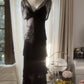 Schwarzes, perlenbesetztes, elegantes, langes, gestuftes Chiffon-Ballkleid, Abendkleid, Partykleid gh4751
