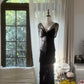 Schwarzes, perlenbesetztes, elegantes, langes, gestuftes Chiffon-Ballkleid, Abendkleid, Partykleid gh4751