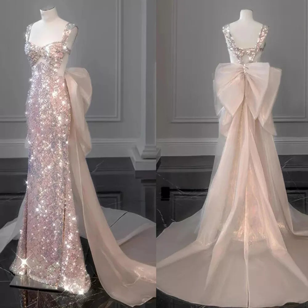 Rosa, wunderschönes, funkelndes, hübsches Meerjungfrau-Ballkleid mit abnehmbarer Schleife, lang, elegant, mit Pailletten, formelles Ballkleid, Abendkleid, Partykleid, gh3544