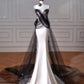 Girlhomeshops-Weißes, schlichtes und modisches langes Satinkleid, schwarzes Tüllkleid, langes bodenlanges Meerjungfrauenkleid mit Schleppe gh5387